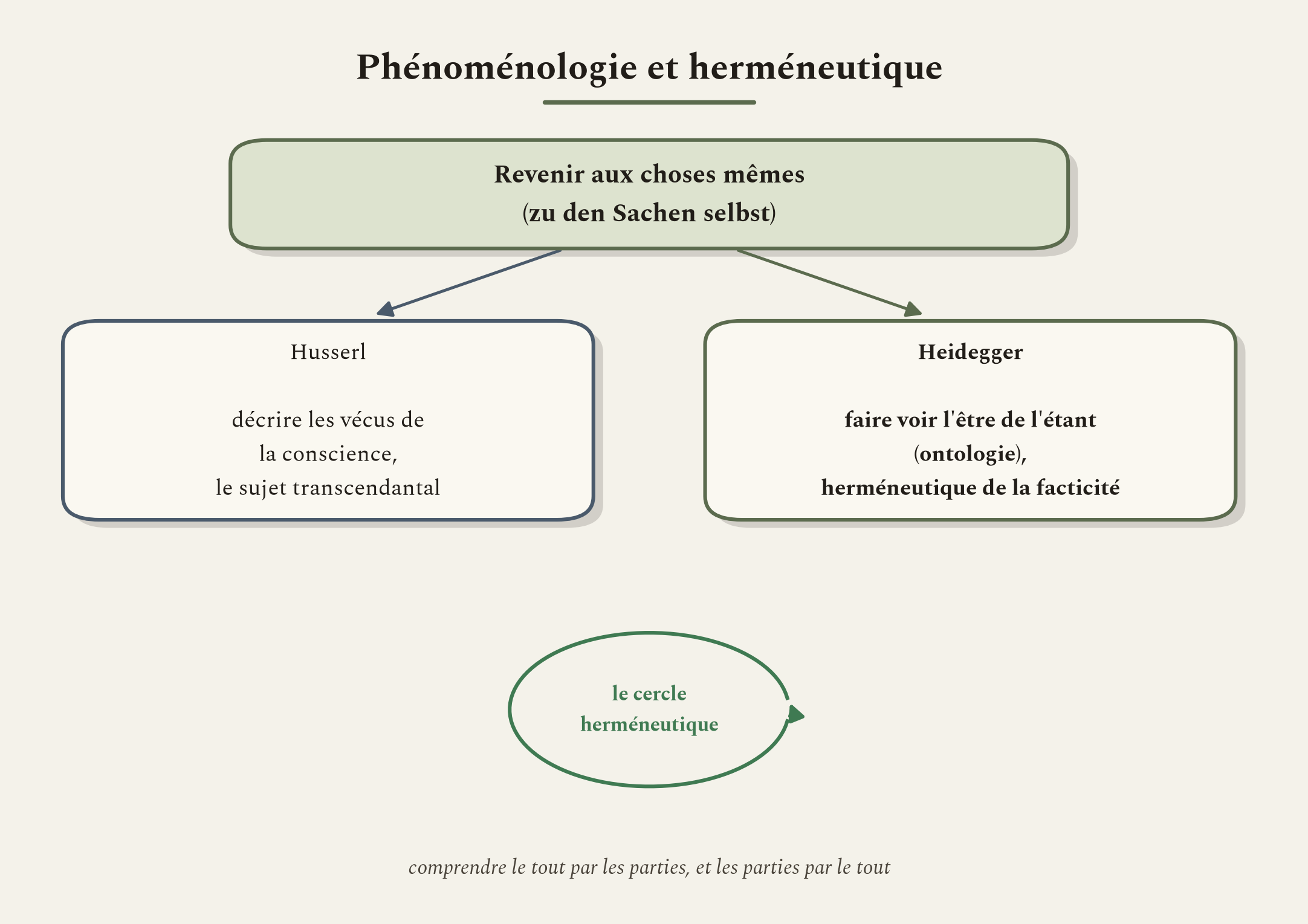 Ce que Heidegger garde de Husserl et ce qu'il déplace. La phénoménologie devient ontologie, puis herméneutique.