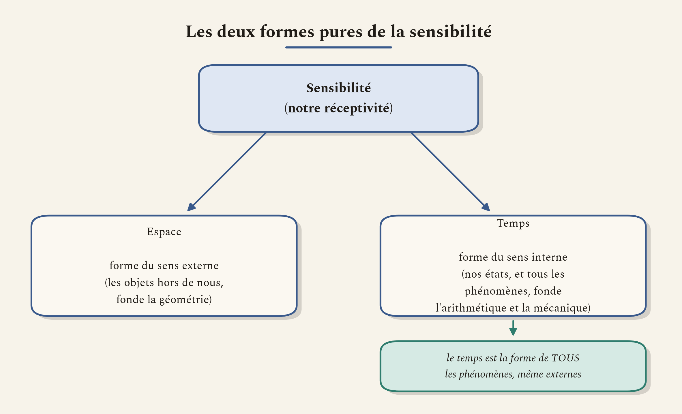 La sensibilité et ses deux formes pures. Le temps, forme du sens interne, vaut pour absolument tous les phénomènes.