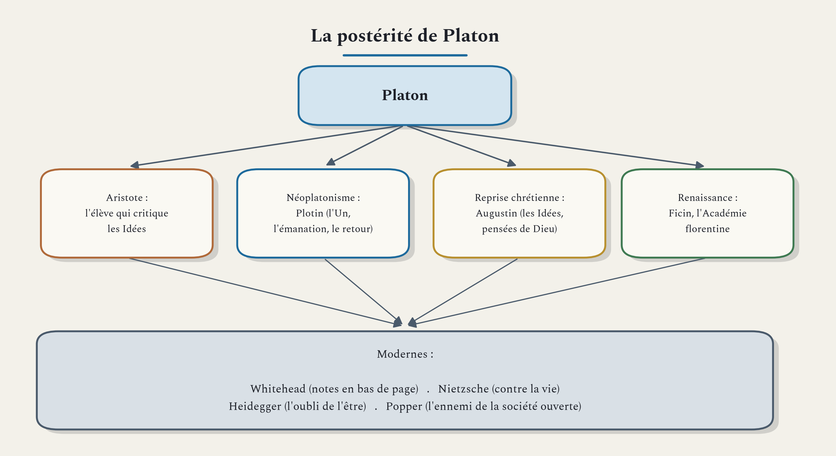 Les grandes lignées nées de Platon, d'Aristote à la philosophie contemporaine.