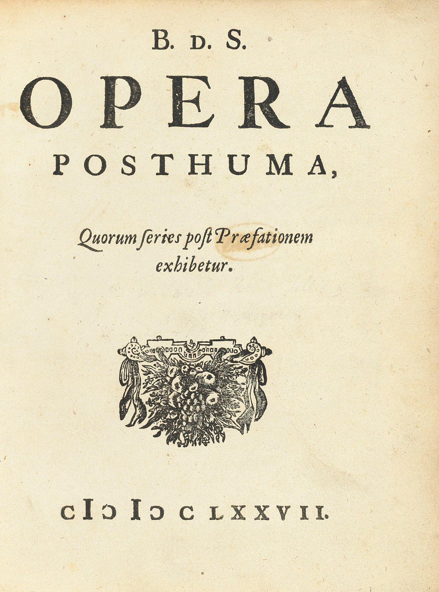 Page de titre des Opera Posthuma de 1677, où paraît l'Éthique.