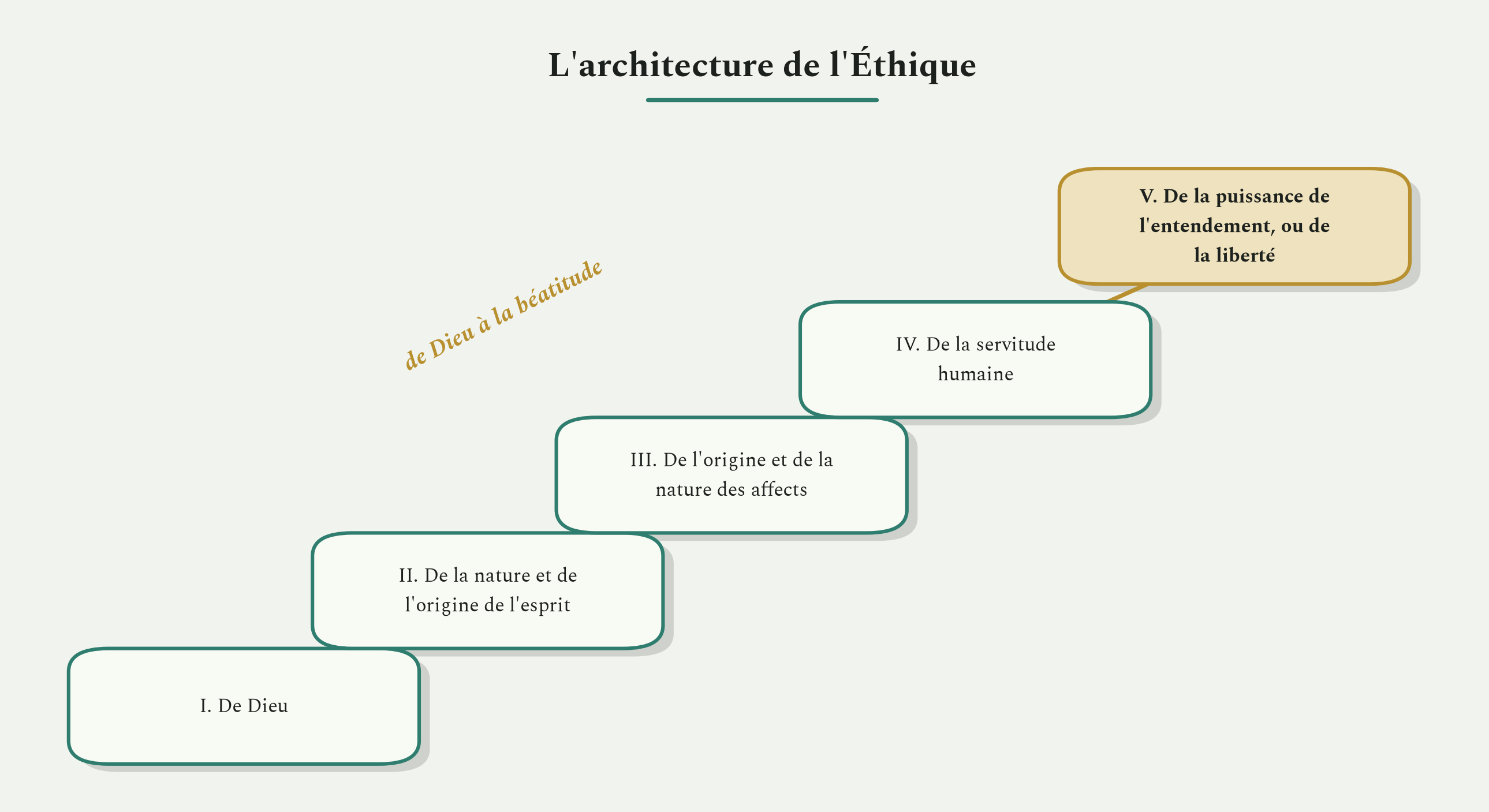 Les cinq parties de l'Éthique, une montée continue de Dieu jusqu'à la béatitude.